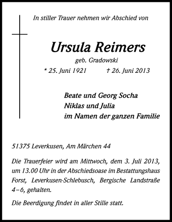 Anzeige von Ursula Reimers von Kölner Stadt-Anzeiger / Kölnische Rundschau / Express