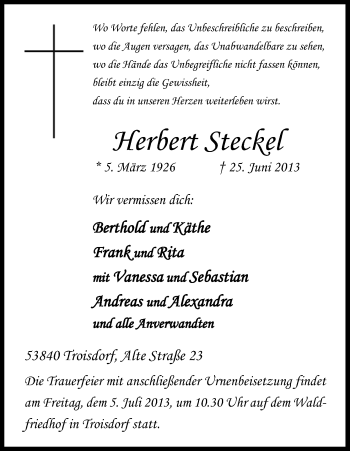 Anzeige von Herbert Steckel von Kölner Stadt-Anzeiger / Kölnische Rundschau / Express