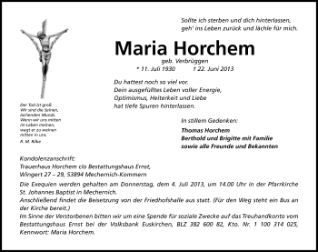 Anzeige von Maria Horchem von Kölner Stadt-Anzeiger / Kölnische Rundschau / Express