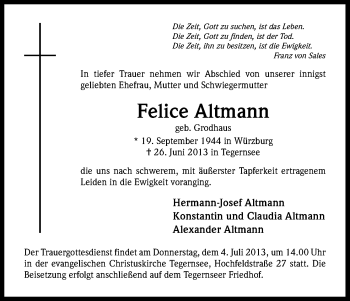 Anzeige von Felice Altmann von Kölner Stadt-Anzeiger / Kölnische Rundschau / Express