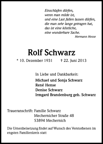 Anzeige von Rolf Schwarz von Kölner Stadt-Anzeiger / Kölnische Rundschau / Express