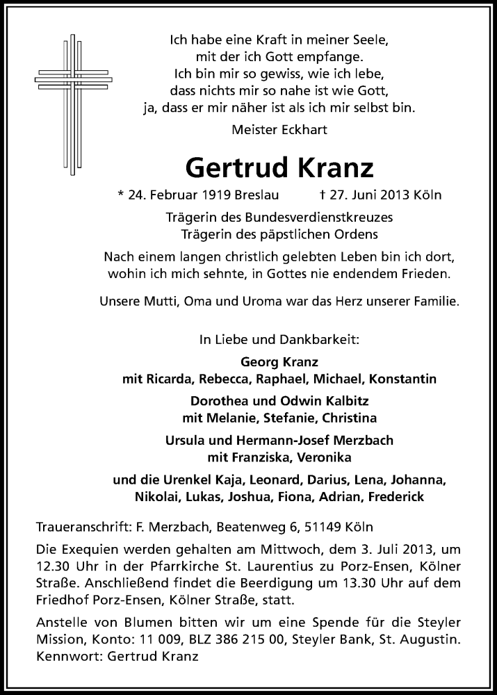  Traueranzeige für Gertrud Kranz vom 29.06.2013 aus Kölner Stadt-Anzeiger / Kölnische Rundschau / Express