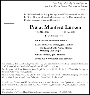 Anzeige von Manfred Lürken von Kölner Stadt-Anzeiger / Kölnische Rundschau / Express