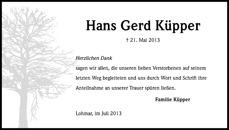  Traueranzeige für Hans Gerd Küpper vom 06.07.2013 aus Kölner Stadt-Anzeiger / Kölnische Rundschau / Express