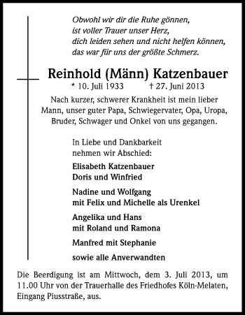 Anzeige von Reinhold Katzenbauer von Kölner Stadt-Anzeiger / Kölnische Rundschau / Express