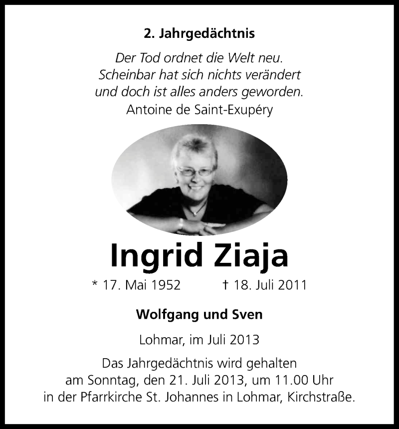  Traueranzeige für Ingrid Ziaja vom 18.07.2013 aus Kölner Stadt-Anzeiger / Kölnische Rundschau / Express