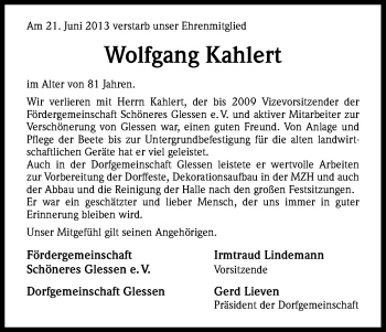 Anzeige von Wolfgang Kahlert von Kölner Stadt-Anzeiger / Kölnische Rundschau / Express