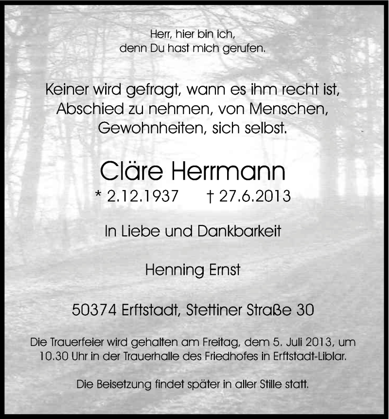 Traueranzeige für Claire Herrmann vom 29.06.2013 aus Kölner Stadt-Anzeiger / Kölnische Rundschau / Express