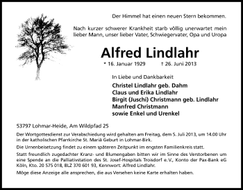 Anzeige von Alfred Lindlahr von Kölner Stadt-Anzeiger / Kölnische Rundschau / Express