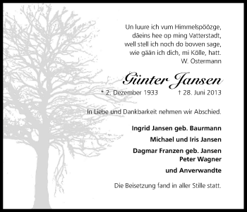 Anzeige von Günter Jansen von Kölner Stadt-Anzeiger / Kölnische Rundschau / Express