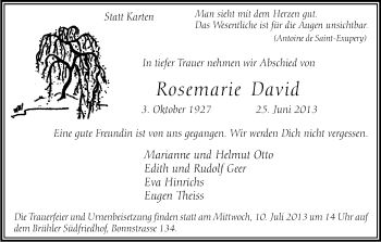 Anzeige von Rosemarie David von Kölner Stadt-Anzeiger / Kölnische Rundschau / Express