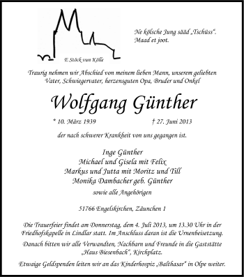 Anzeige von Wolfgang Günther von Kölner Stadt-Anzeiger / Kölnische Rundschau / Express
