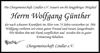 Anzeige von Wolfgang Günther von Kölner Stadt-Anzeiger / Kölnische Rundschau / Express