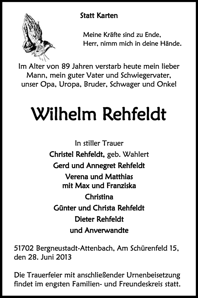  Traueranzeige für Wilhelm Rehfeldt vom 02.07.2013 aus Kölner Stadt-Anzeiger / Kölnische Rundschau / Express