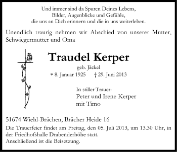 Anzeige von Traudel Kerper von Kölner Stadt-Anzeiger / Kölnische Rundschau / Express