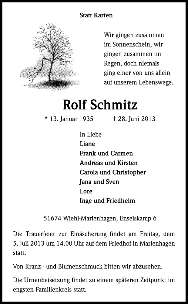  Traueranzeige für Rolf Schmitz vom 02.07.2013 aus Kölner Stadt-Anzeiger / Kölnische Rundschau / Express