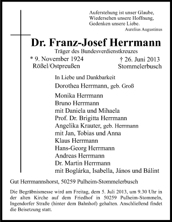 Anzeige von Franz-Josef Herrmann von Kölner Stadt-Anzeiger / Kölnische Rundschau / Express