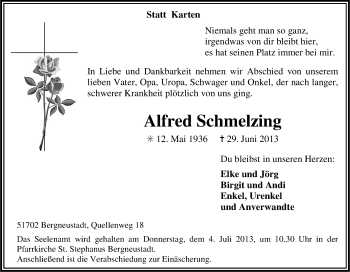 Anzeige von Alfred Schmelzing von Kölner Stadt-Anzeiger / Kölnische Rundschau / Express