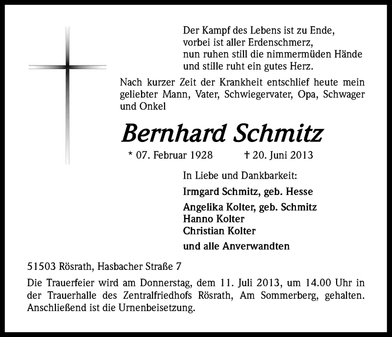  Traueranzeige für Bernhard Schmitz vom 06.07.2013 aus Kölner Stadt-Anzeiger / Kölnische Rundschau / Express