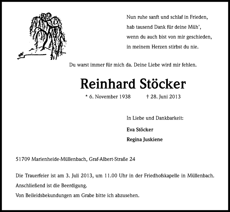  Traueranzeige für Reinhard Stöcker vom 02.07.2013 aus Kölner Stadt-Anzeiger / Kölnische Rundschau / Express