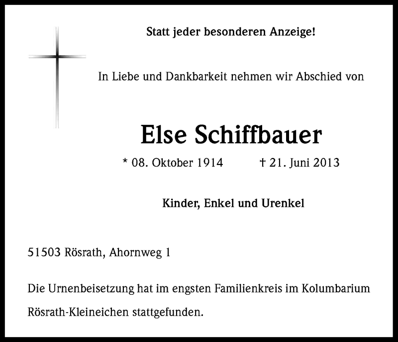  Traueranzeige für Else Schiffbauer vom 08.07.2013 aus Kölner Stadt-Anzeiger / Kölnische Rundschau / Express