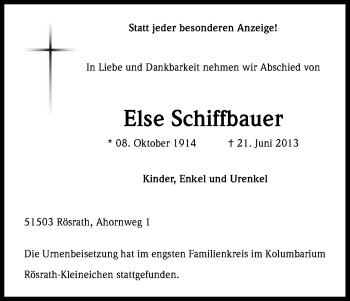 Anzeige von Else Schiffbauer von Kölner Stadt-Anzeiger / Kölnische Rundschau / Express