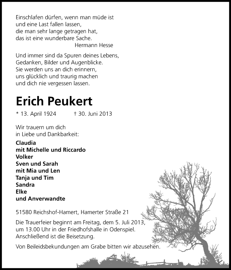  Traueranzeige für Erich Peukert vom 02.07.2013 aus Kölner Stadt-Anzeiger / Kölnische Rundschau / Express