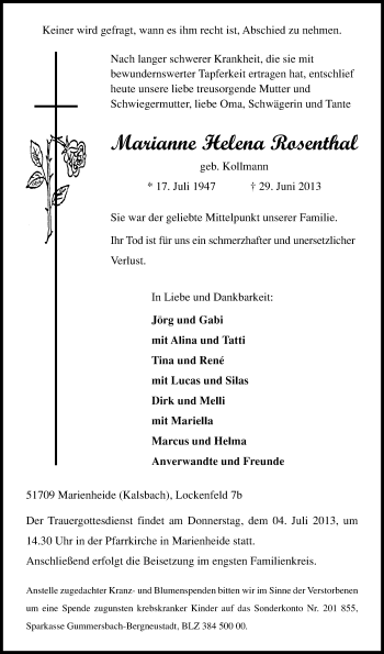 Anzeige von Mariane Helena Rosentahl von Kölner Stadt-Anzeiger / Kölnische Rundschau / Express