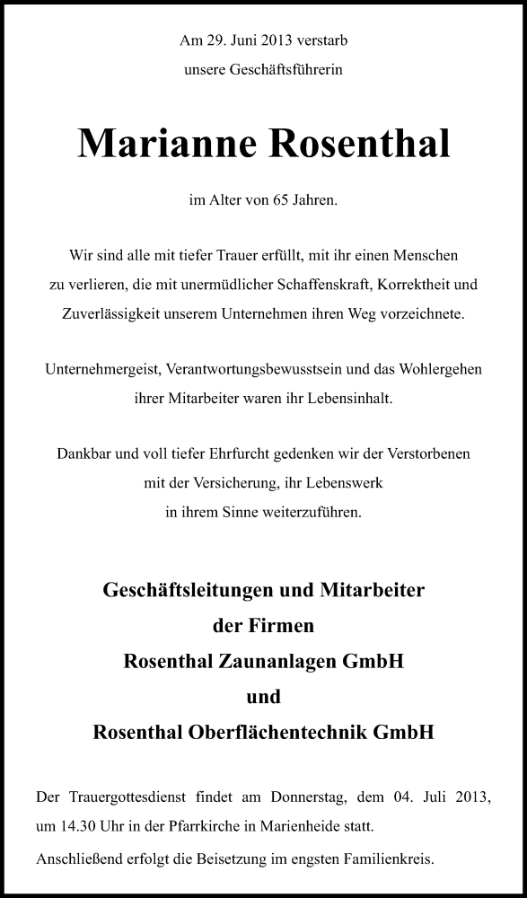  Traueranzeige für Mariane Rosentahl vom 02.07.2013 aus Kölner Stadt-Anzeiger / Kölnische Rundschau / Express