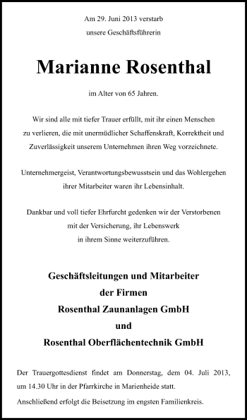 Anzeige von Mariane Rosentahl von Kölner Stadt-Anzeiger / Kölnische Rundschau / Express