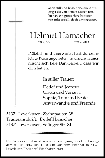 Anzeige von Helmut Hamacher von Kölner Stadt-Anzeiger / Kölnische Rundschau / Express