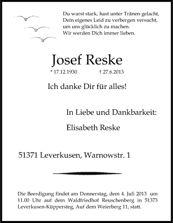 Anzeige von Josef Reske von Kölner Stadt-Anzeiger / Kölnische Rundschau / Express