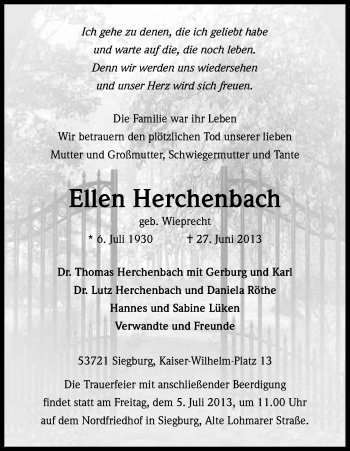 Anzeige von Ellen Herchenbach von Kölner Stadt-Anzeiger / Kölnische Rundschau / Express