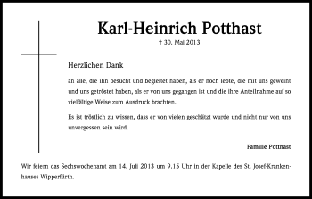 Anzeige von Karl-Heinrich Potthast von Kölner Stadt-Anzeiger / Kölnische Rundschau / Express