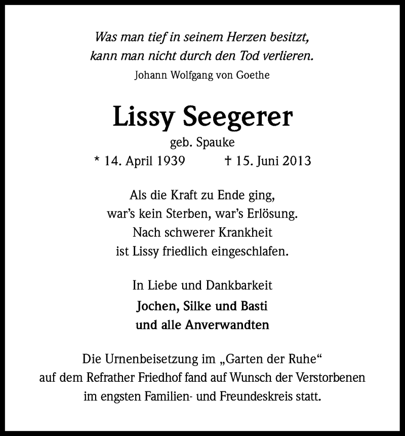  Traueranzeige für Lissy Seegerer vom 03.07.2013 aus Kölner Stadt-Anzeiger / Kölnische Rundschau / Express