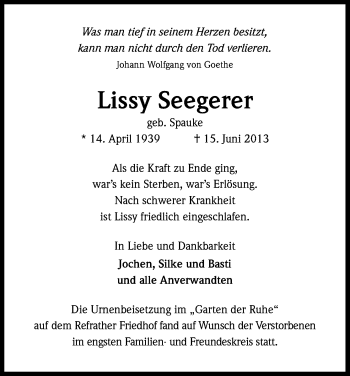 Anzeige von Lissy Seegerer von Kölner Stadt-Anzeiger / Kölnische Rundschau / Express