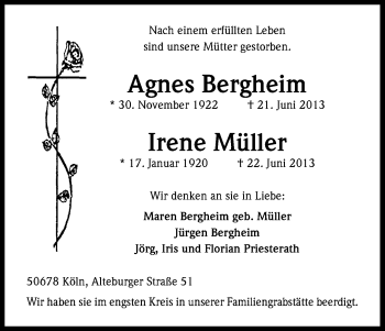 Anzeige von Agnes Bergheim von Kölner Stadt-Anzeiger / Kölnische Rundschau / Express