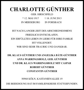 Anzeige von Charlotte Günther von Kölner Stadt-Anzeiger / Kölnische Rundschau / Express