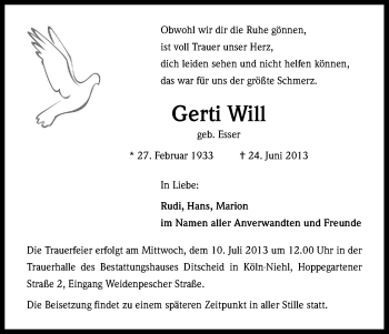 Anzeige von Will Gerti von Kölner Stadt-Anzeiger / Kölnische Rundschau / Express