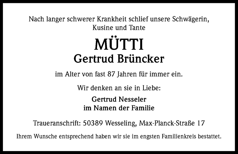  Traueranzeige für Gertrud Brüncker vom 06.07.2013 aus Kölner Stadt-Anzeiger / Kölnische Rundschau / Express