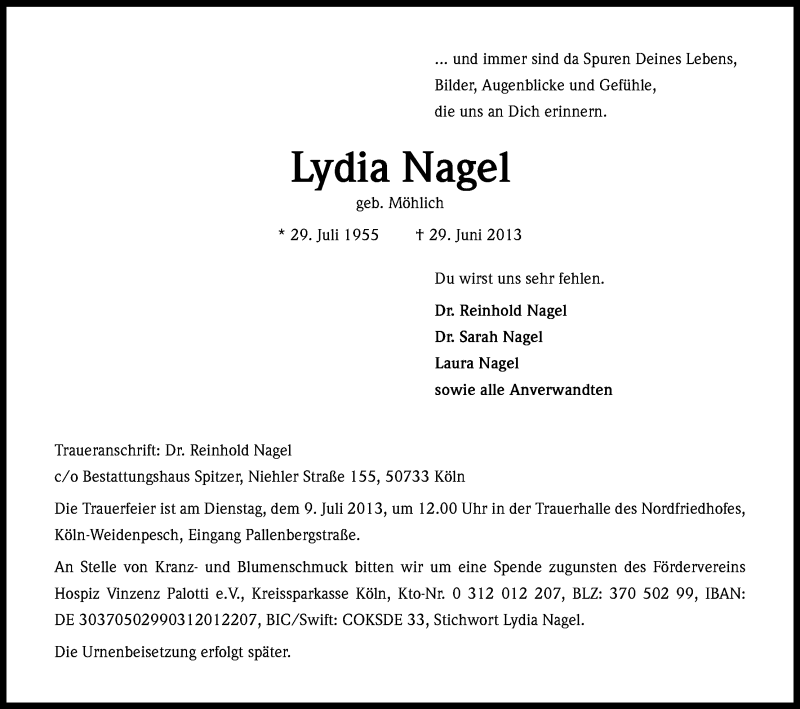  Traueranzeige für Lydia Nagel vom 06.07.2013 aus Kölner Stadt-Anzeiger / Kölnische Rundschau / Express