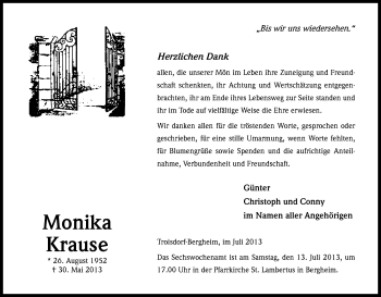 Anzeige von Monika Krause von Kölner Stadt-Anzeiger / Kölnische Rundschau / Express