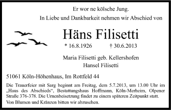 Anzeige von Häns Filisetti von Kölner Stadt-Anzeiger / Kölnische Rundschau / Express