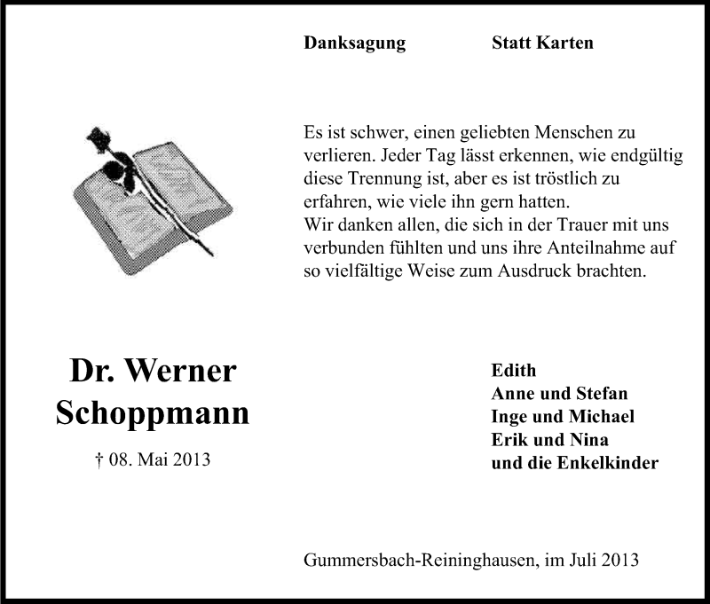  Traueranzeige für Werner Schoppmann vom 06.07.2013 aus Kölner Stadt-Anzeiger / Kölnische Rundschau / Express