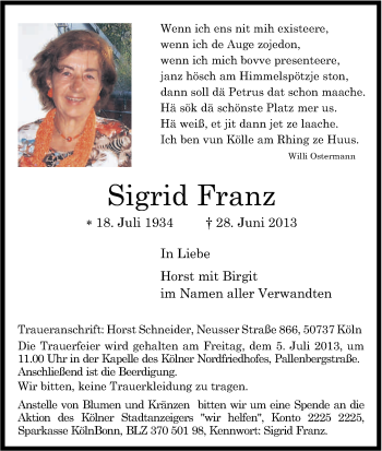Anzeige von Sigrid Franz von Kölner Stadt-Anzeiger / Kölnische Rundschau / Express