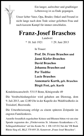 Anzeige von Franz-Josef Braschos von Kölner Stadt-Anzeiger / Kölnische Rundschau / Express