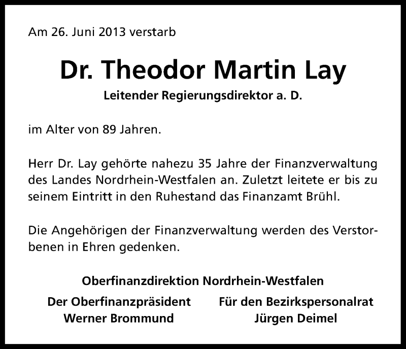  Traueranzeige für Theodor Martin Lay vom 03.07.2013 aus Kölner Stadt-Anzeiger / Kölnische Rundschau / Express
