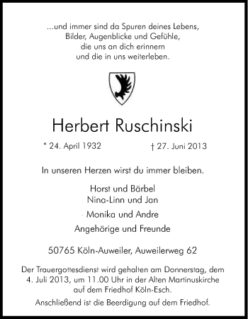 Anzeige von Herbert Ruschinski von Kölner Stadt-Anzeiger / Kölnische Rundschau / Express
