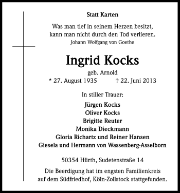 Anzeige von Ingrid Kocks von Kölner Stadt-Anzeiger / Kölnische Rundschau / Express