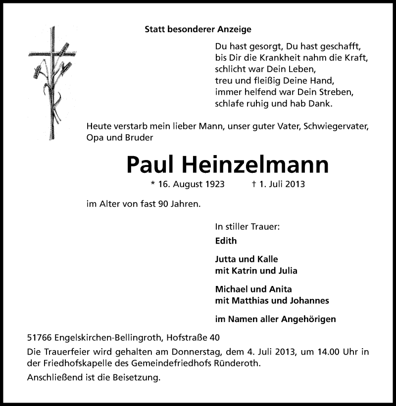  Traueranzeige für Paul Heinzelmann vom 03.07.2013 aus Kölner Stadt-Anzeiger / Kölnische Rundschau / Express